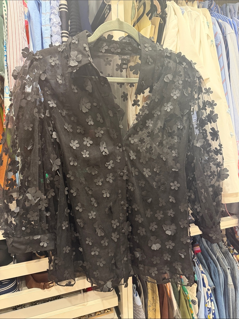 Sheer Black Floral Applique Button-Down Top